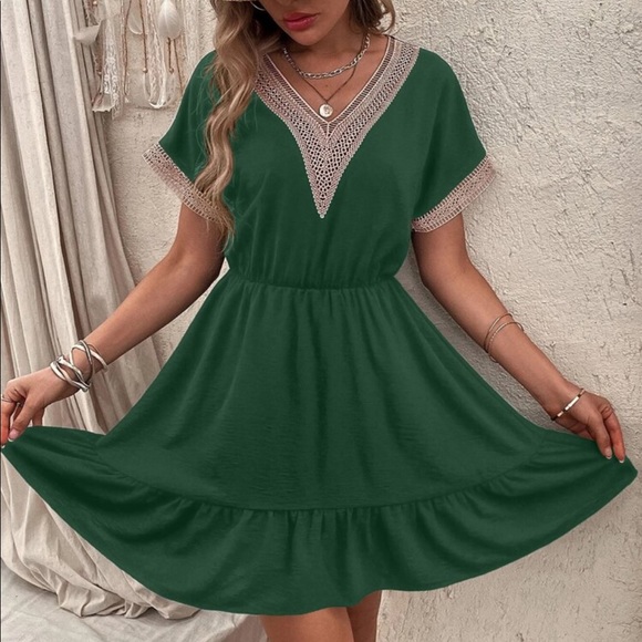 Boho Sheer Mesh Crochet Lace Flounce Sleeve Ruffle Dress - Picture 12 of 15